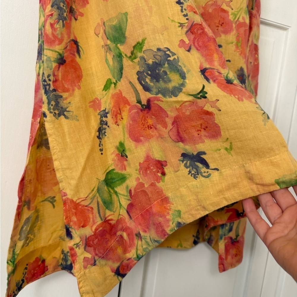Cut Loose 100% Linen Mustard Yellow Floral Hi-Low Hem Flowy Tank XS Cottagecore - Picture 2 of 8